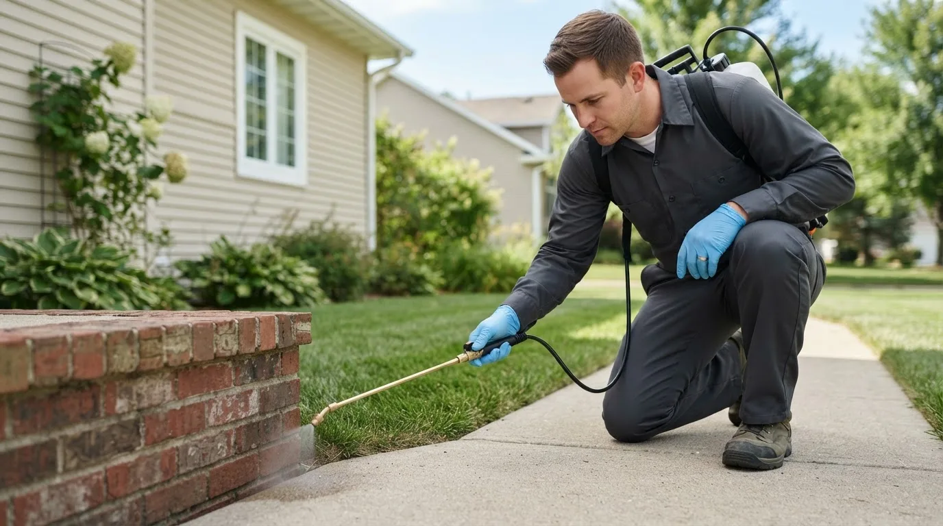 Pest control technician treating a home near Camargo, OK