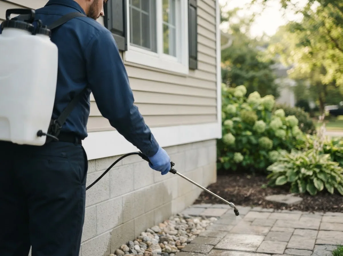 Pest control technician inspecting a home in Camargo, OK